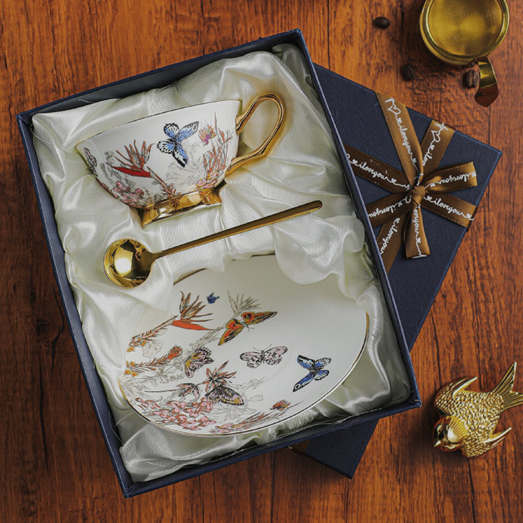 Botanical Butterfly Floral Cup Set Bone China 220ml(Gift Box)