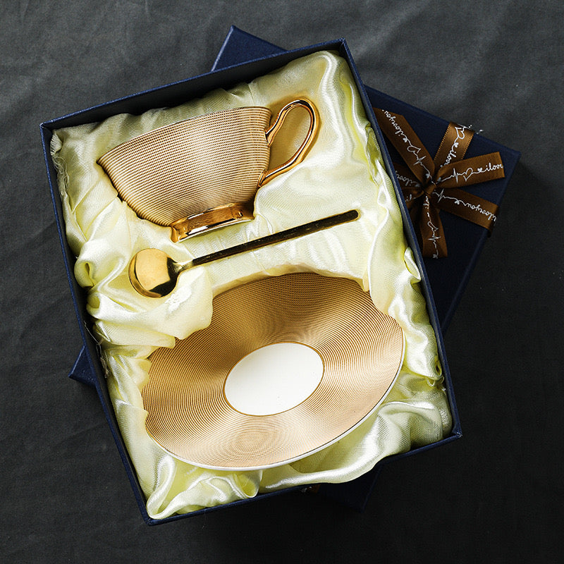 Gold Ribbed Coffee Tea Cup Set Bone China 220ml( 3pcs gift package)