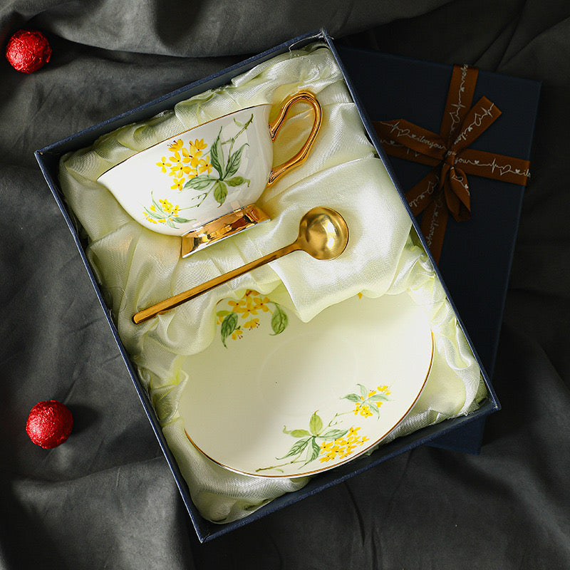 Sunny Bloom Floral Coffee Tea Cup Set Bone China 220ml( 3pcs gift package)