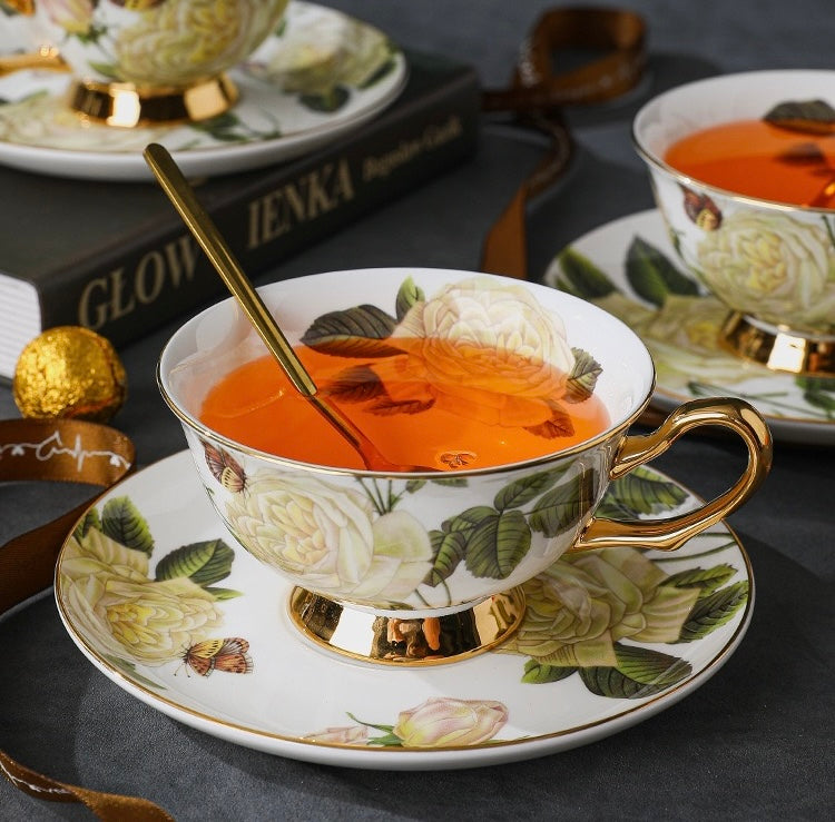 Rose - adorned Floral Coffee Tea Cup Set Bone China 220ml( 3pcs gift package)