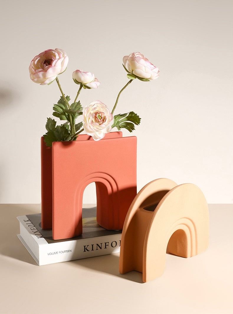 Arched ceramic vases set with Artificial Flowers