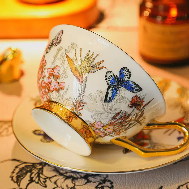 Botanical Butterfly Floral Coffee Tea Cup Set Bone China 220ml( 6pcs gift package)