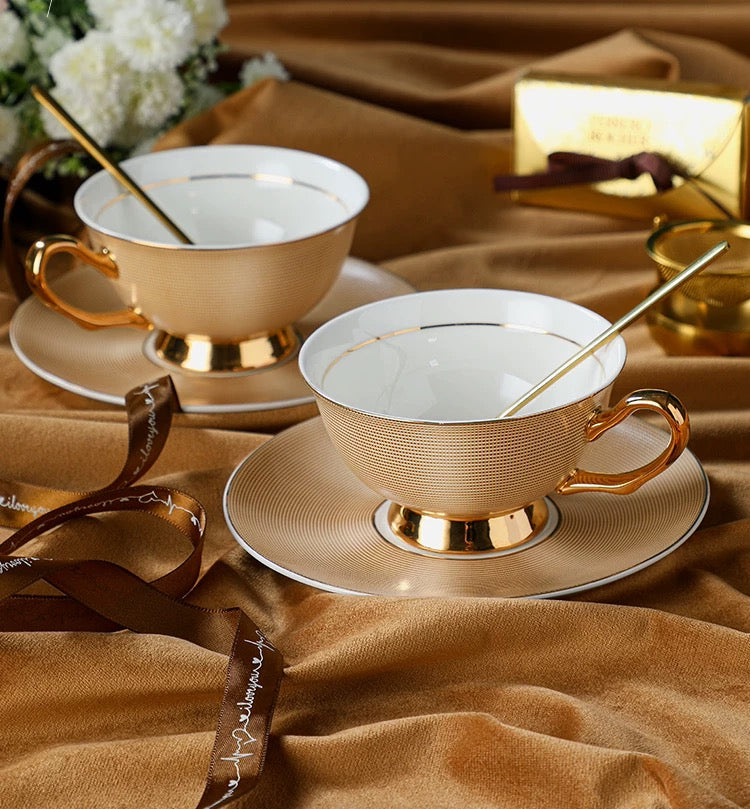 Gold Ribbed Coffee Tea Cup Set Bone China 220ml( 3pcs gift package)