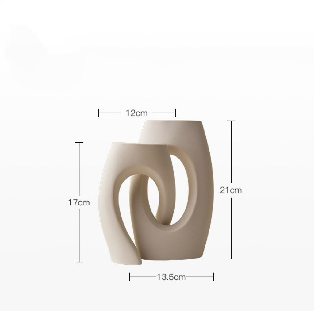 Curved Ceramic Flower Vases Set with Artificial flowers (White)