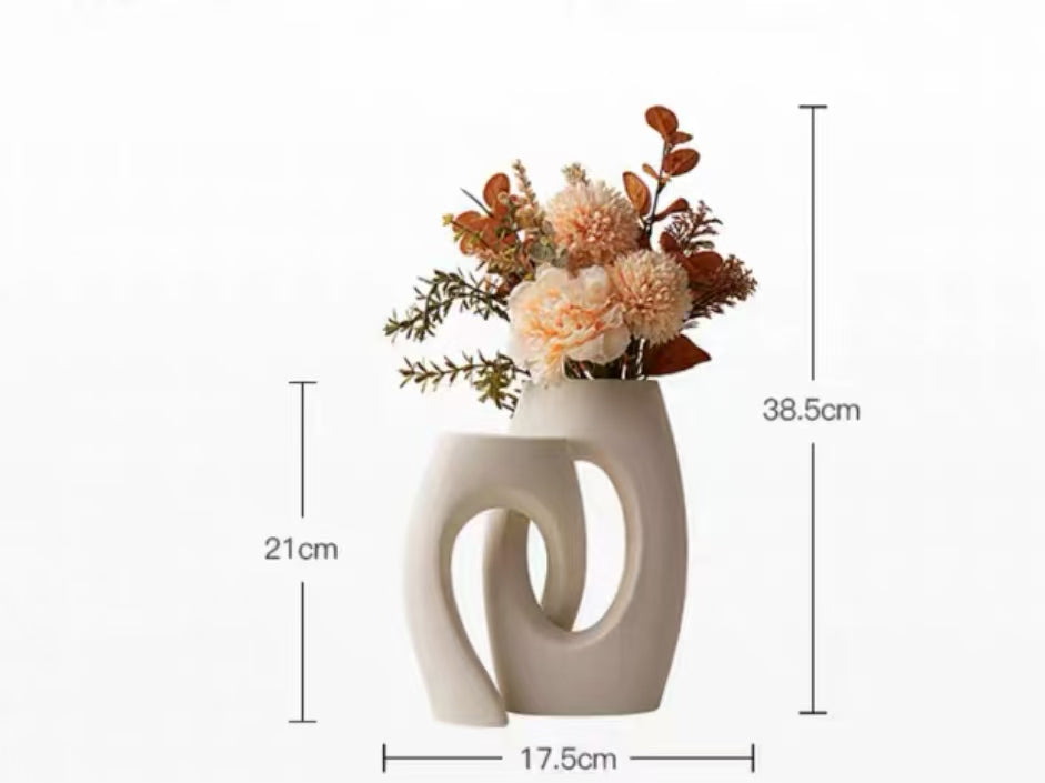 Curved Ceramic Flower Vases Set with Artificial flowers (White)
