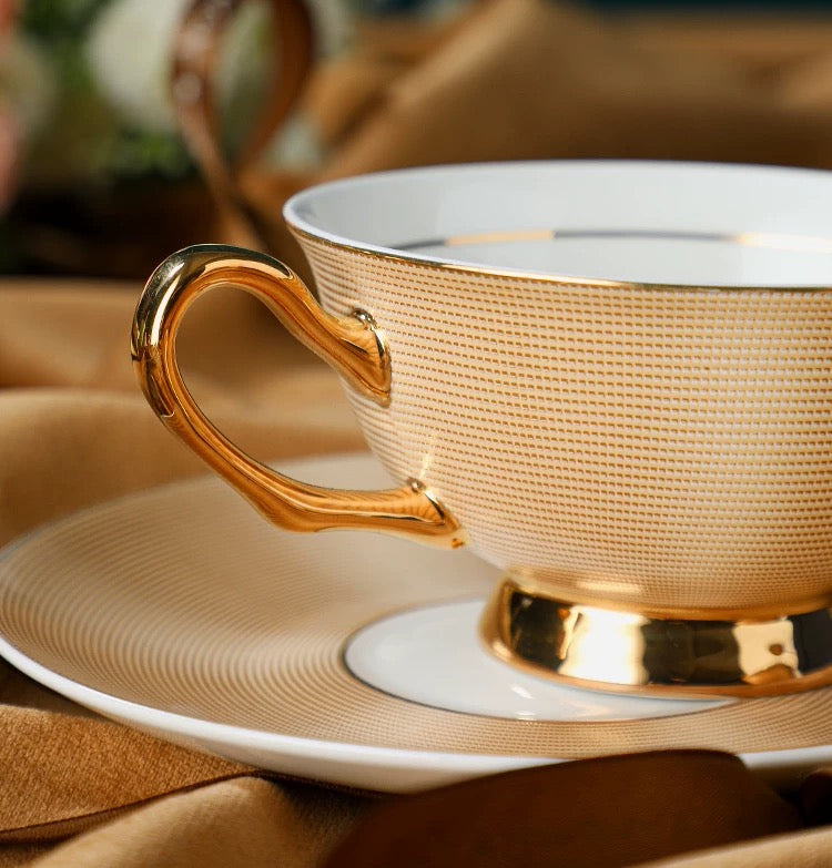 Gold Ribbed Coffee Tea Cup Set Bone China 220ml( 3pcs gift package)