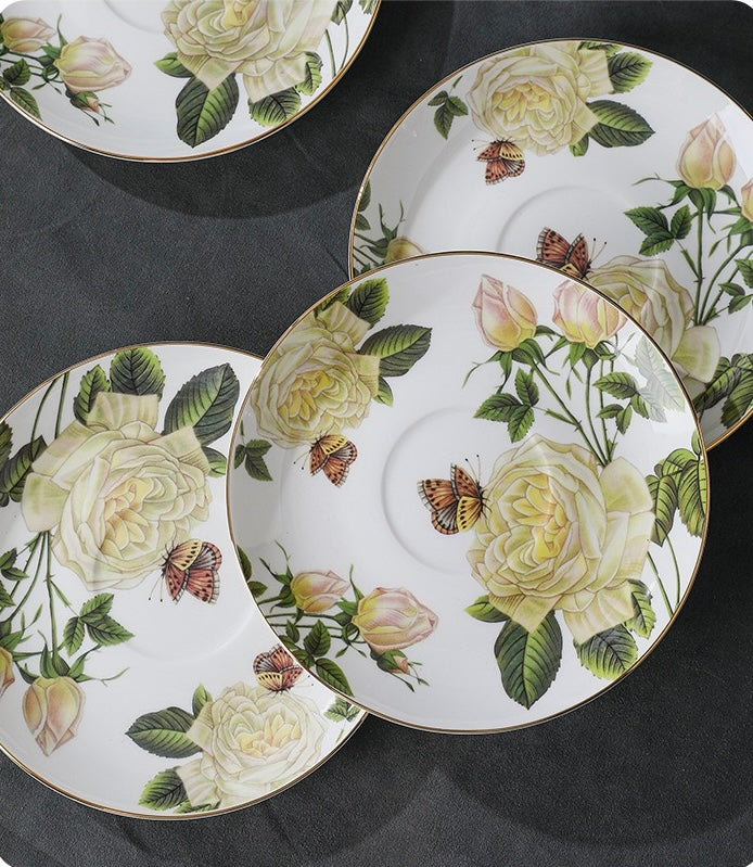 Rose - adorned Floral Coffee Tea Cup Set Bone China 220ml( 3pcs gift package)