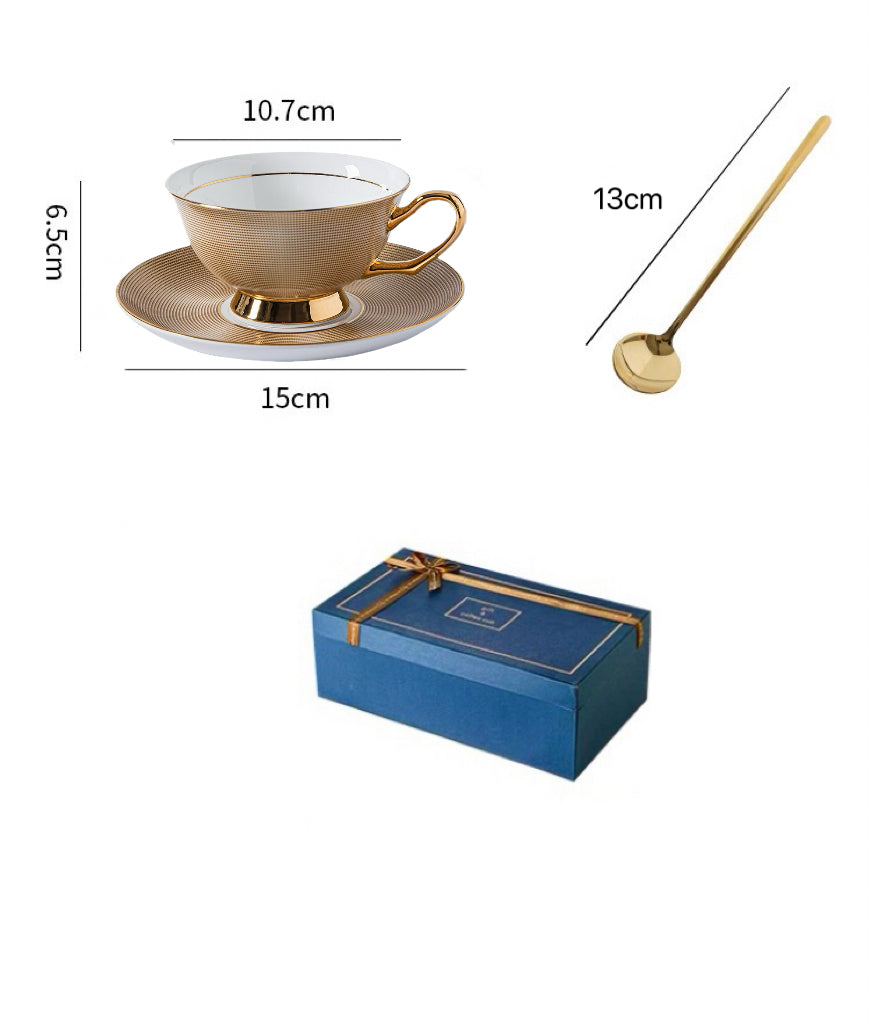 Gold Ribbed Coffee Tea Cup Set Bone China 220ml( 3pcs gift package)