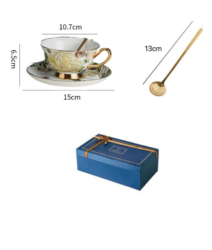 Rose - adorned Floral Coffee Tea Cup Set Bone China 220ml(Gift Box)
