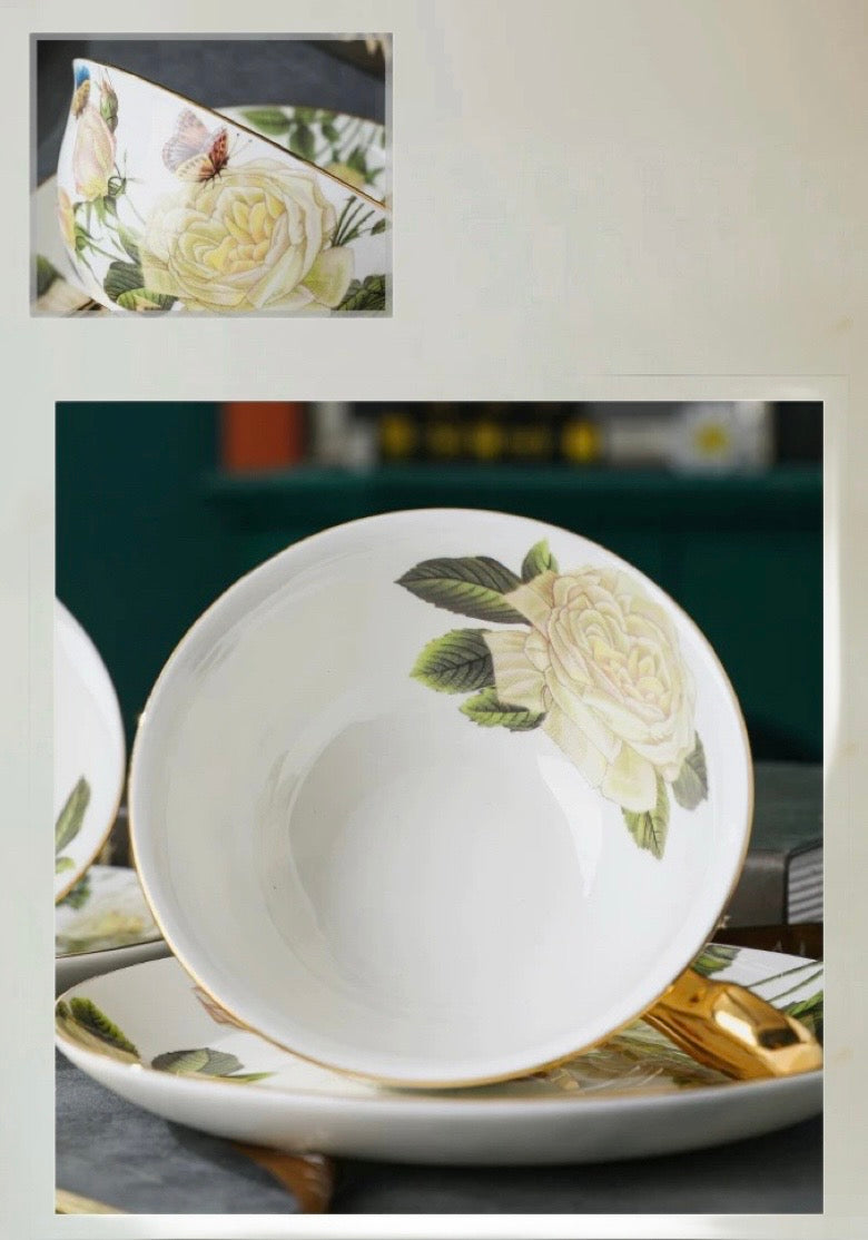 Rose - adorned Floral Coffee Tea Cup Set Bone China 220ml(Gift Box)