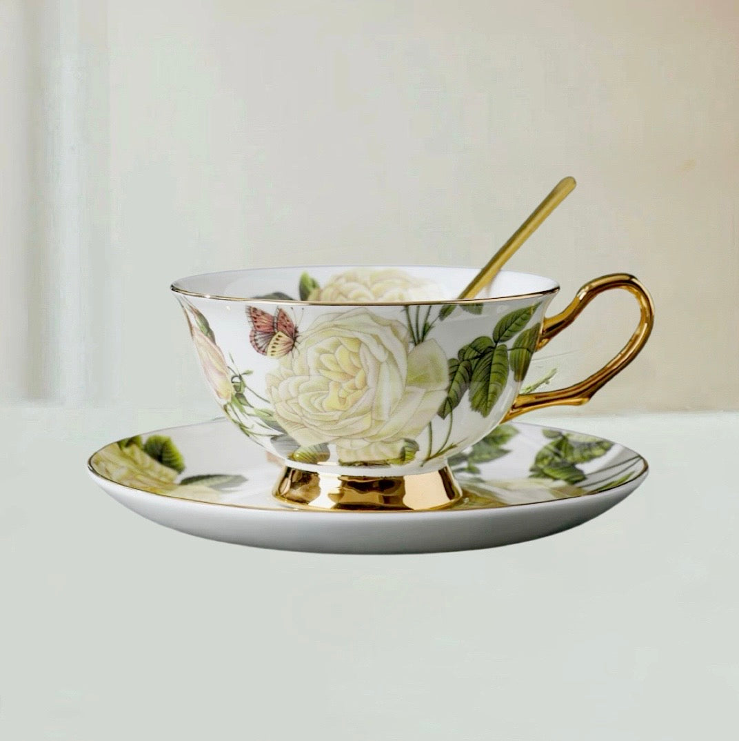 Rose - adorned Floral Coffee Tea Cup Set Bone China 220ml(Gift Box)