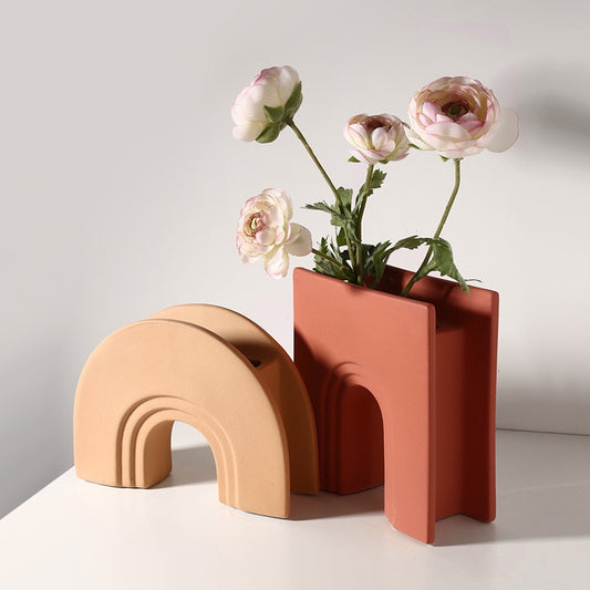 Arched ceramic vases set with Artificial Flowers