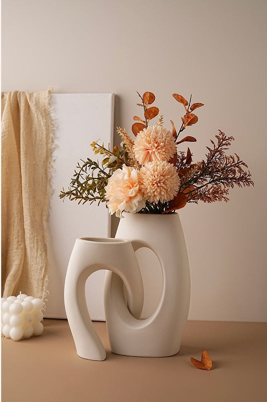 Curved Ceramic Flower Vases Set with Artificial flowers (White)