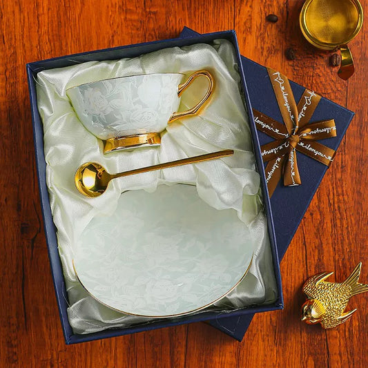 Grey Rose - Embossed Floral Coffee Tea Cup Set Bone China 220ml( 3pcs gift package)
