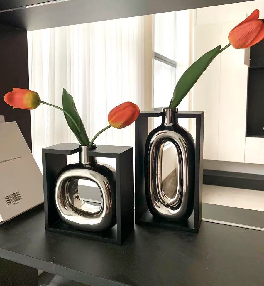 Framed Silver Ceramic Vase Set with Artificial Flowers