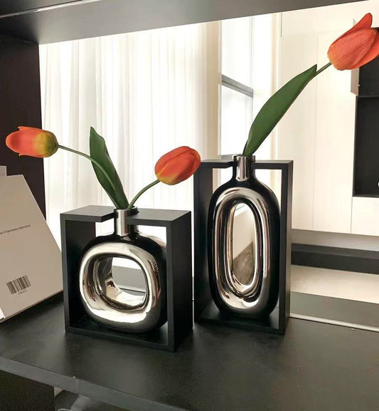 Framed Silver Ceramic Vase Set with Artificial Flowers