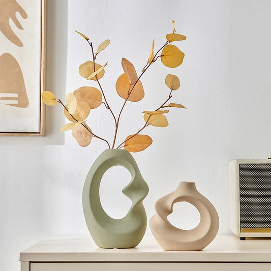 Artistic Ceramic Flower Vase Set with Artificial Eucalyptus