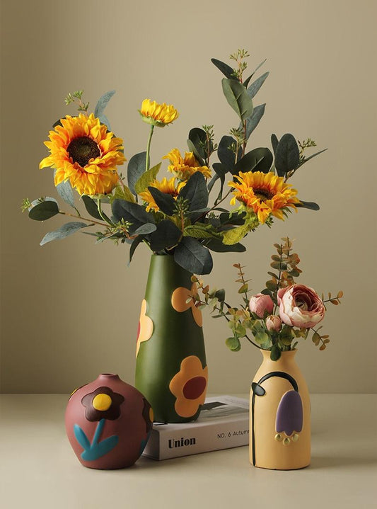 Hand - painted Floral Ceramic Vases (Set with Artificial Flowers)