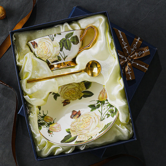 Rose - adorned Floral Coffee Tea Cup Set Bone China 220ml( 3pcs gift package)