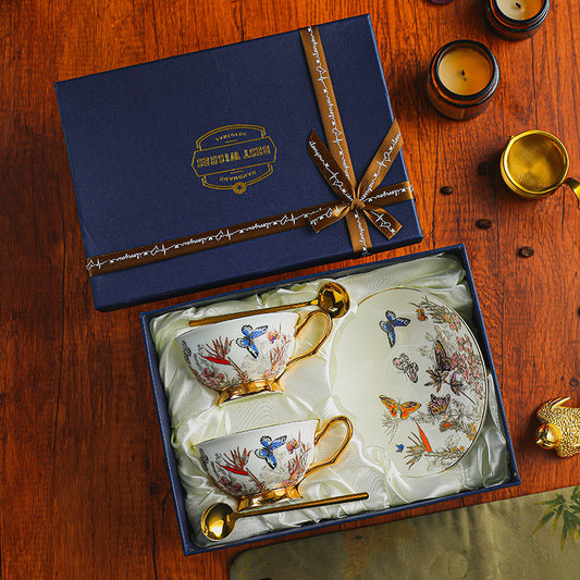 Botanical Butterfly Floral Coffee Tea Cup Set Bone China 220ml( 6pcs gift package)