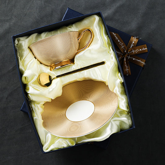 Gold Ribbed Coffee Tea Cup Set Bone China 220ml( 3pcs gift package)