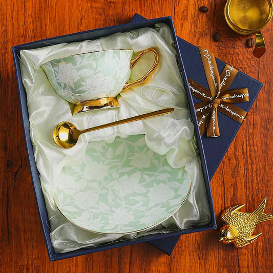Mint Green Rose - Embossed Floral Coffee Tea Cup Set Bone China 220ml( 3pcs gift package)