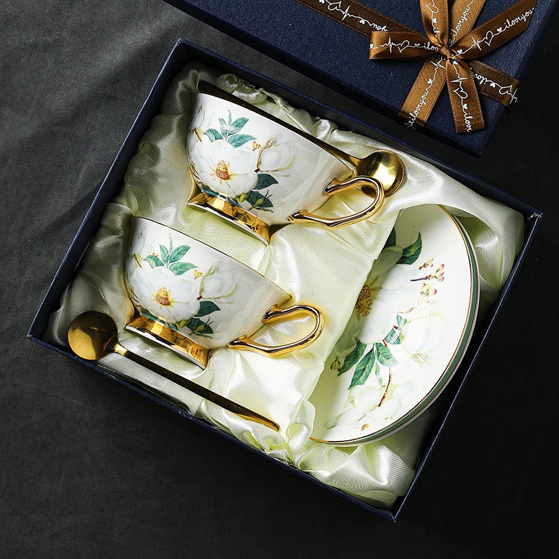 Magnolia Floral Coffee Tea Cup Set Bone China 220ml( 6pcs gift package)