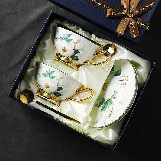 Magnolia Floral Coffee Tea Cup Set Bone China 220ml( 6pcs gift package)