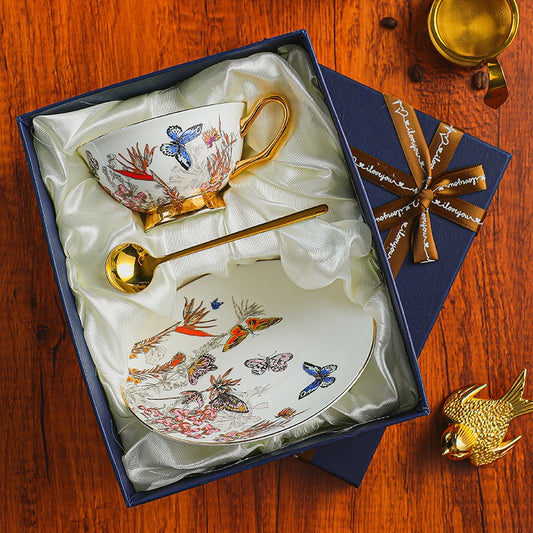 Botanical Butterfly Floral Coffee Tea Cup Set Bone China 220ml( 3pcs gift package)