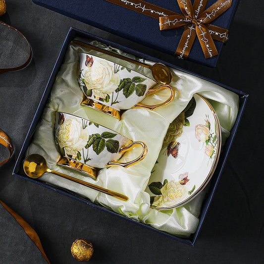 Rose - adorned Floral Coffee Tea Cup Set Bone China 220ml( 6pcs gift package)
