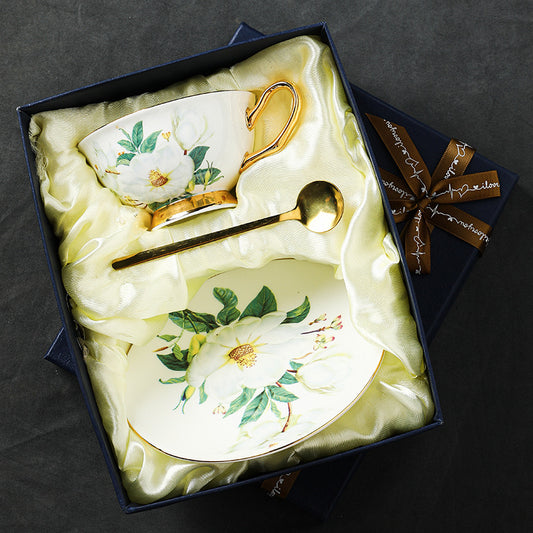 Magnolia Floral Coffee Tea Cup Set Bone China 220ml( 3pcs gift package)