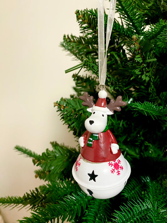 Reindeer on White Bell Christmas Ornament