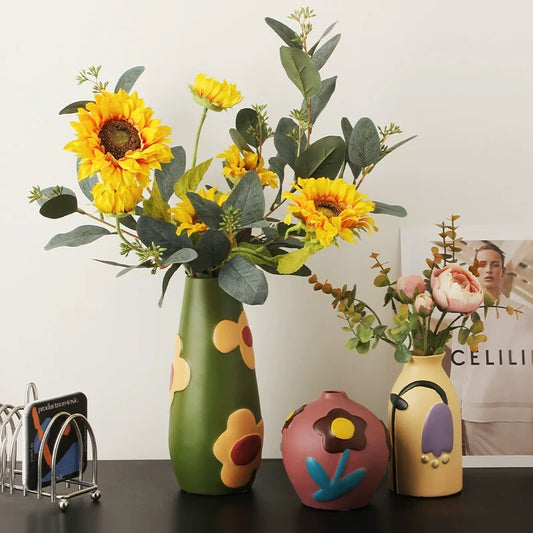 Hand - painted Floral Ceramic Vases (Set with Artificial Flowers)