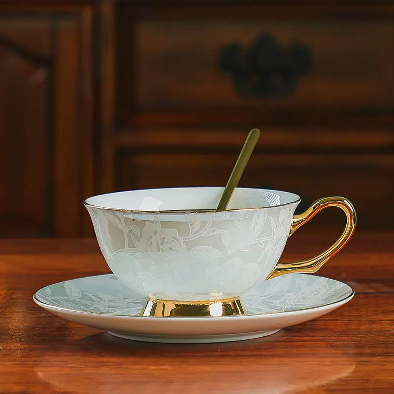 Grey Rose - Embossed Floral Coffee Tea Cup Set Bone China 220ml( 3pcs gift package)