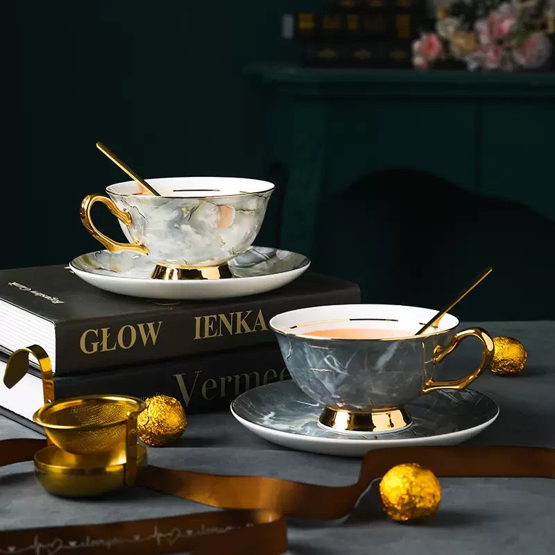 Marble - Inspired Coffee Tea Cup Set Bone China 220ml( 6pcs gift package)