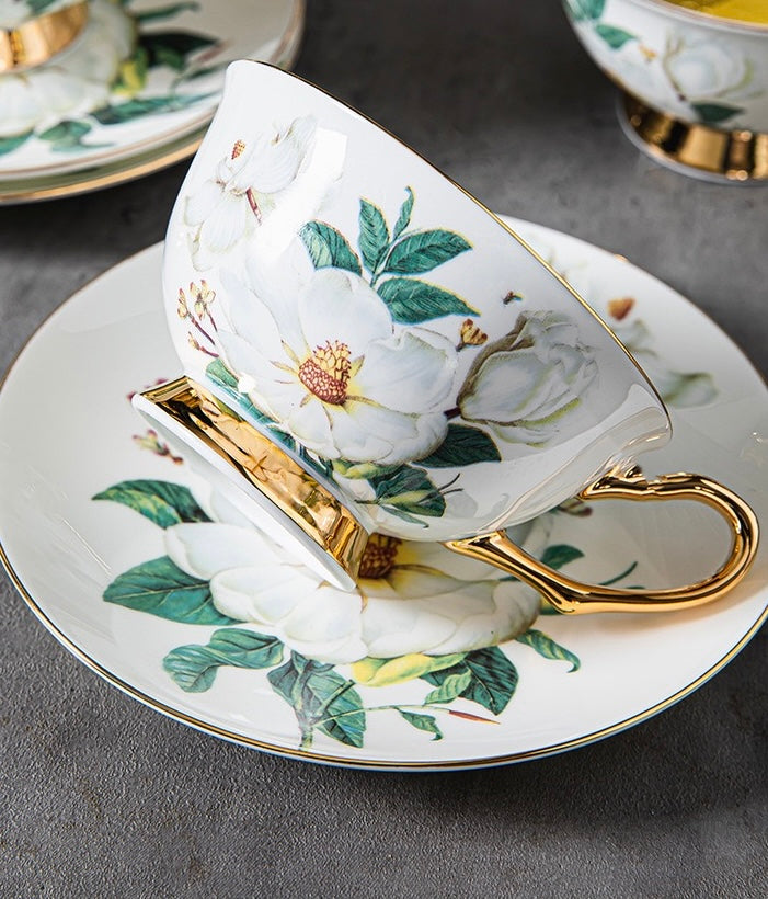 Magnolia Floral Coffee Tea Cup Set Bone China 220ml( 6pcs gift package)