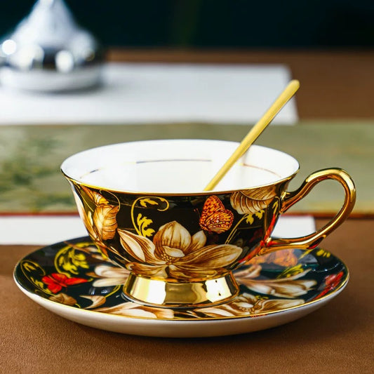 Garden Floral Coffee Tea Cup Set Bone China 220ml (3pcs gift package)