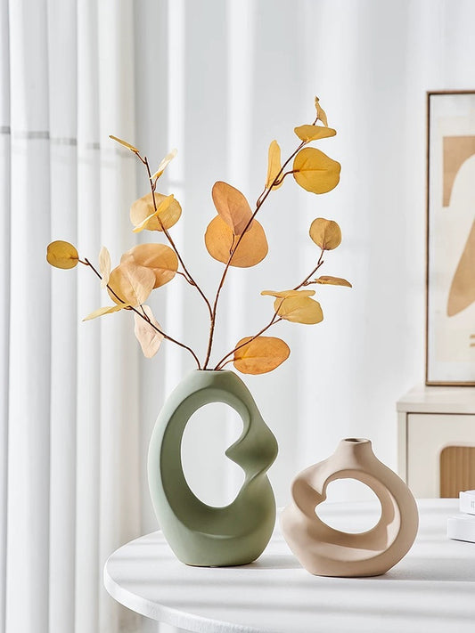 Artistic Ceramic Flower Vase Set with Artificial Eucalyptus
