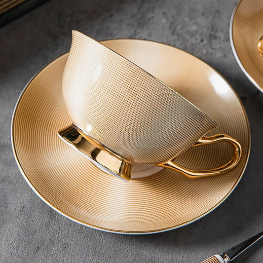 Gold Ribbed Coffee Tea Cup Set Bone China 220ml( 6pcs gift package)