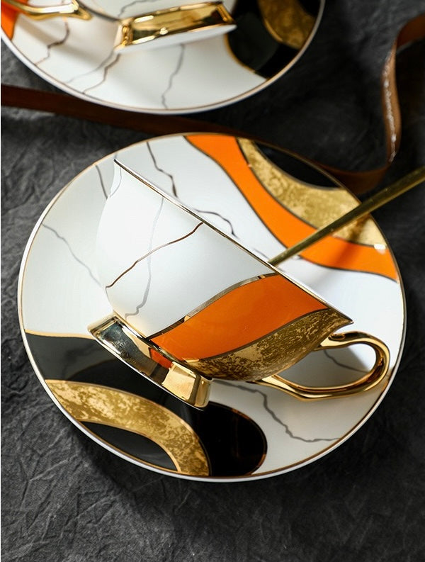 Luxury Geometric Coffee Tea Cup Set Bone China 220ml( 3pcs gift package)