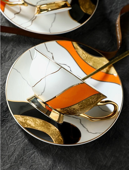 Luxury Geometric Coffee Tea Cup Set Bone China 220ml( 3pcs gift package)