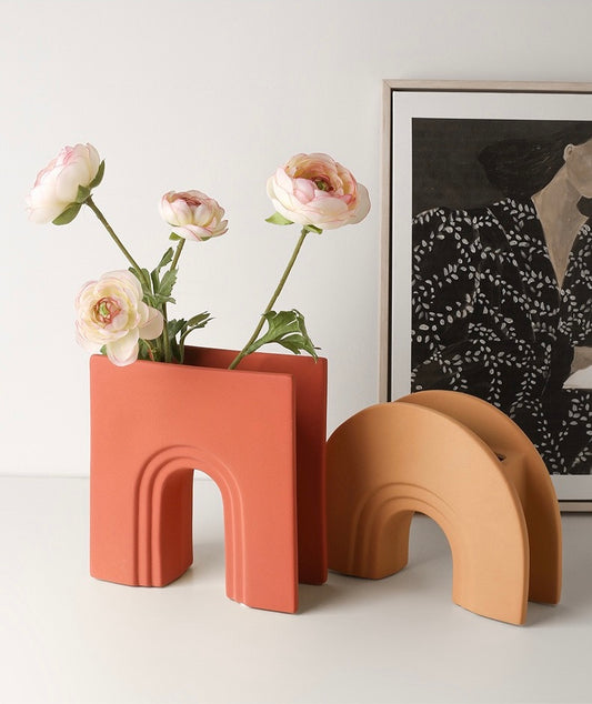 Arched ceramic vases set with Artificial Flowers