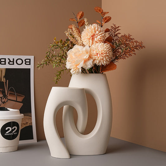 Curved Ceramic Flower Vases Set with Artificial flowers (White)