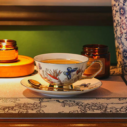 Botanical Butterfly Floral Coffee Tea Cup Set Bone China 220ml( 3pcs gift package)
