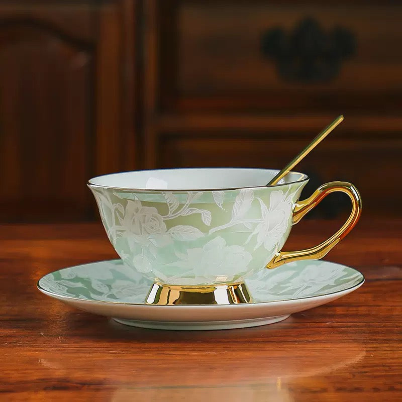 Mint Green Rose - Embossed Floral Coffee Tea Cup Set Bone China 220ml( 3pcs gift package)