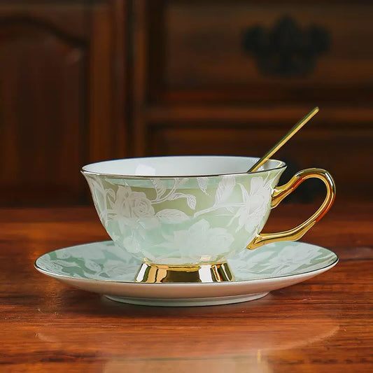 Mint Green Rose - Embossed Floral Coffee Tea Cup Set Bone China 220ml( 3pcs gift package)
