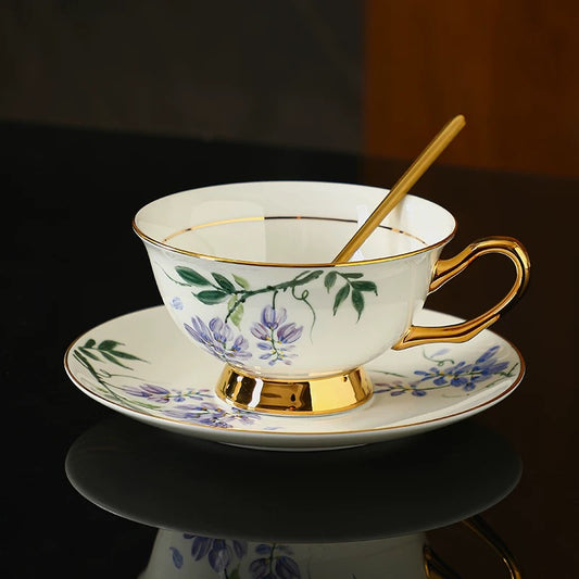 Wisteria Floral Coffee Tea Cup Set Bone China 220ml( 3pcs gift package)
