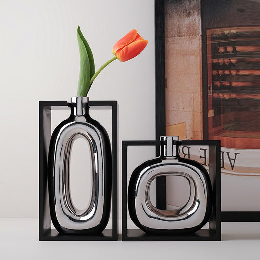 Framed Silver Ceramic Vase Set with Artificial Flowers