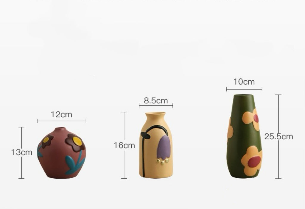 Hand - painted Floral Ceramic Vases (Set with Artificial Flowers)