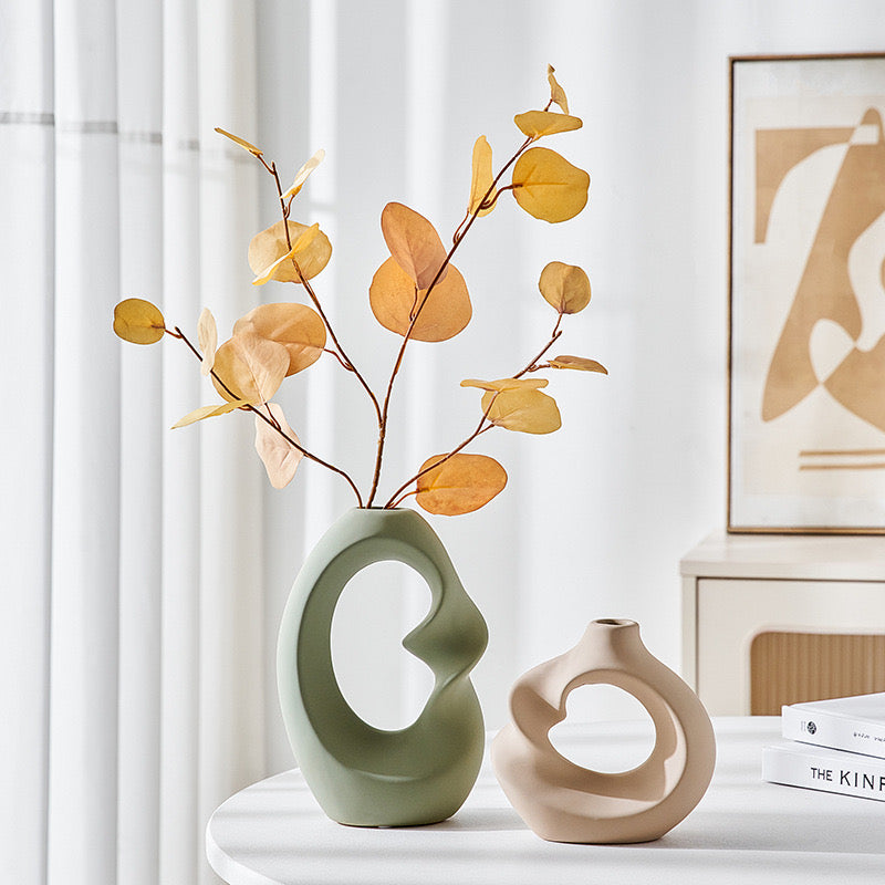 Artistic Ceramic Flower Vase Set with Artificial Eucalyptus